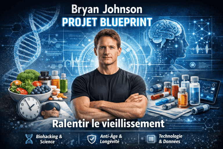 Bryan Johnson entouré de compléments alimentaires, technologies médicales et routines anti-âge illustrant le projet Blueprint pour optimiser la santé et ralentir le vieillissement.