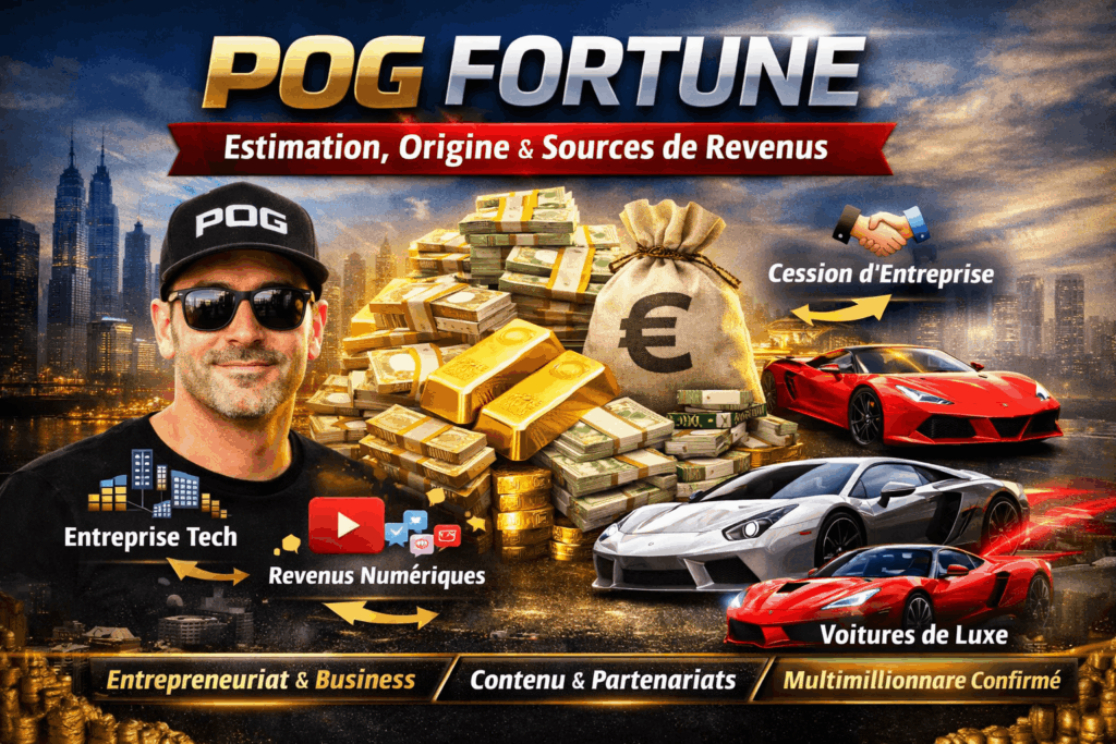 POG entouré de voitures de luxe, billets et lingots, illustrant sa fortune et ses sources de revenus numériques et entrepreneuriales