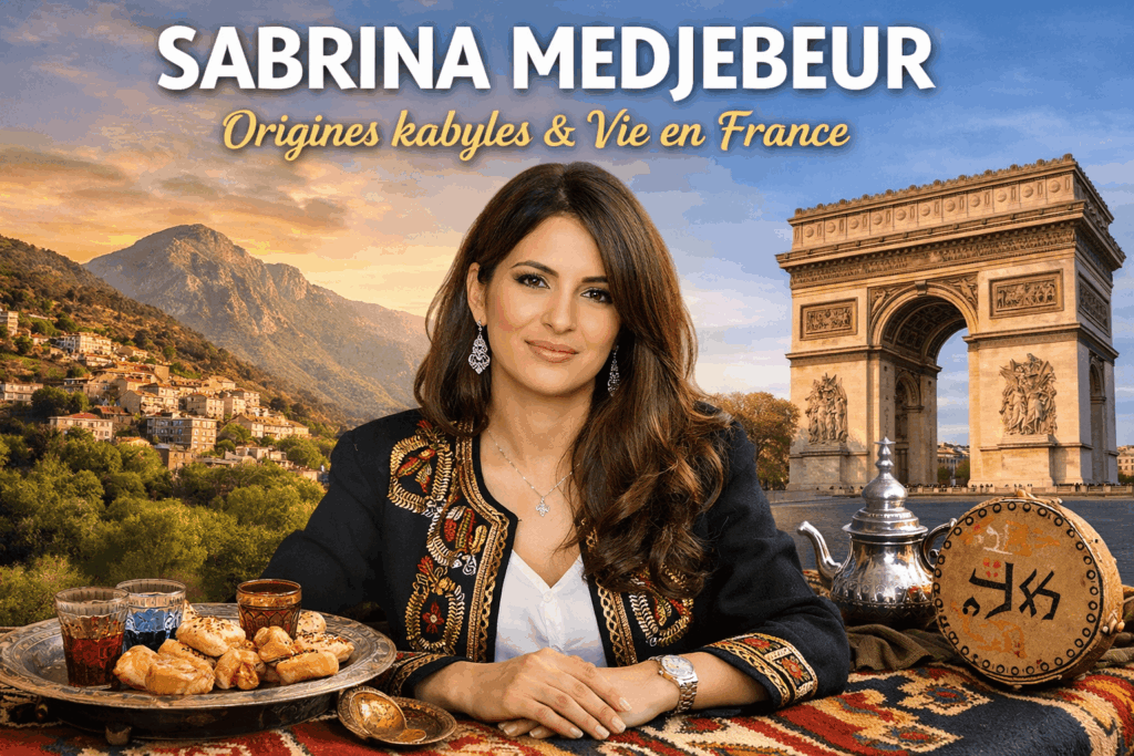 Portrait de Sabrina Medjebeur, femme d'origine kabyle, entourée de symboles de la culture kabyle avec arrière-plan de la Kabylie et de monuments français