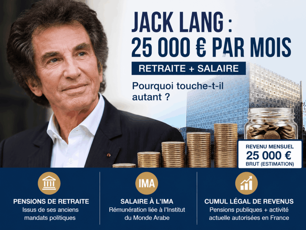 Infographie expliquant le montant de la retraite de Jack Lang en 2025, estimé à environ 25 000 € par mois, incluant pensions de retraite, salaire à l’IMA et cumul légal des revenus en France